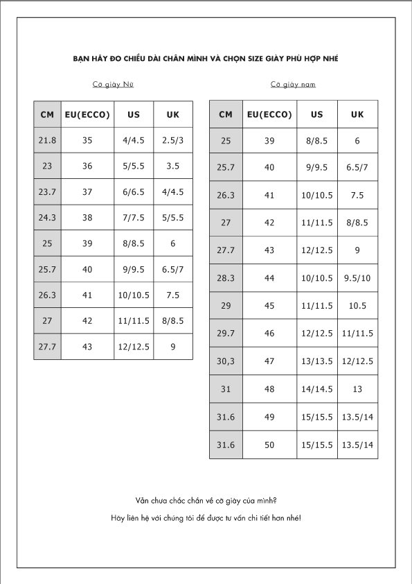 HƯỚNG DẪN CHỌN SIZE GIÀY ECCO